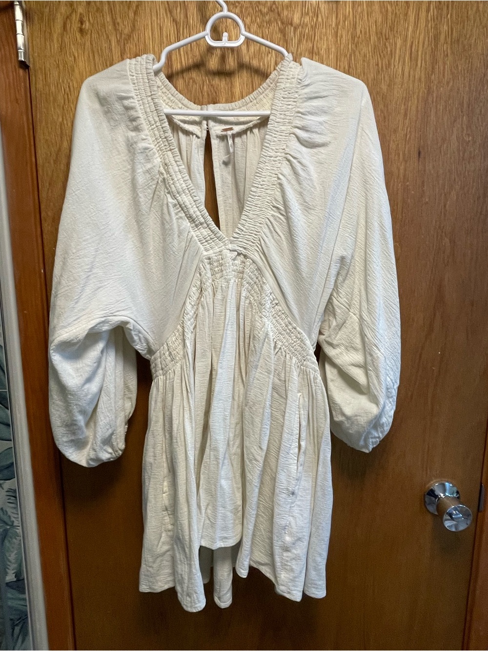 Free People Cream Smocked V-Neck Peasant mini dress